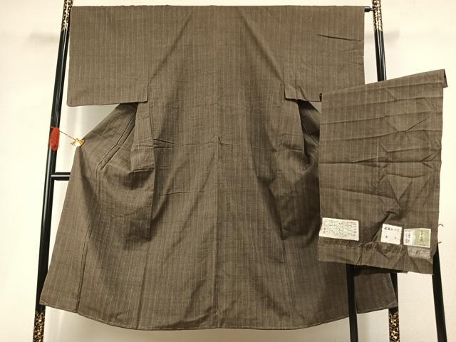 平和屋着物●男性　小千谷紬　霞文　渋墨織　反端付き　正絹　逸品　未使用　AABI9028fy
