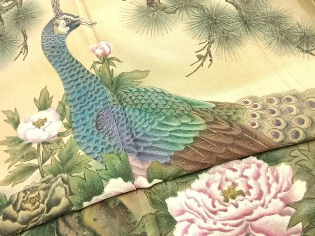 平和屋着物●色留訪問着　作家物　手描き　孔雀花文　暈し染め　正絹　逸品　AABI9040fy