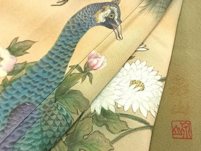 平和屋着物●色留訪問着　作家物　手描き　孔雀花文　暈し染め　正絹　逸品　AABI9040fy