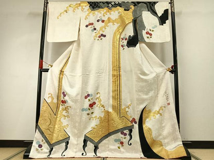 平和屋着物●皇室デザイナー　中村乃武夫　訪問着　刺繍　草花文　金彩　ロング丈　正絹　逸品　AABI9041fy
