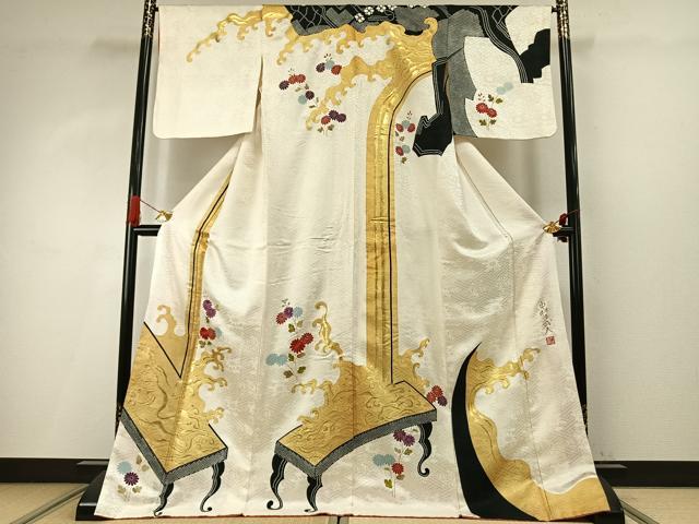 平和屋着物●皇室デザイナー　中村乃武夫　訪問着　刺繍　草花文　金彩　ロング丈　正絹　逸品　AABI9041fy