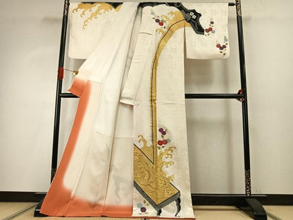 平和屋着物●皇室デザイナー　中村乃武夫　訪問着　刺繍　草花文　金彩　ロング丈　正絹　逸品　AABI9041fy