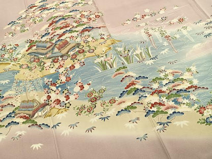 平和屋着物●訪問着　友禅　作家物　風景花文　暈し染め　金彩　正絹　逸品　未使用　AABI9052fy