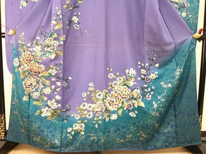 平和屋着物●豪華振袖　草花文　暈し染め　金銀彩　銀通し地　正絹　逸品　AABI9058fy