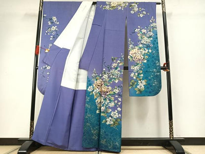 平和屋着物●豪華振袖　草花文　暈し染め　金銀彩　銀通し地　正絹　逸品　AABI9058fy