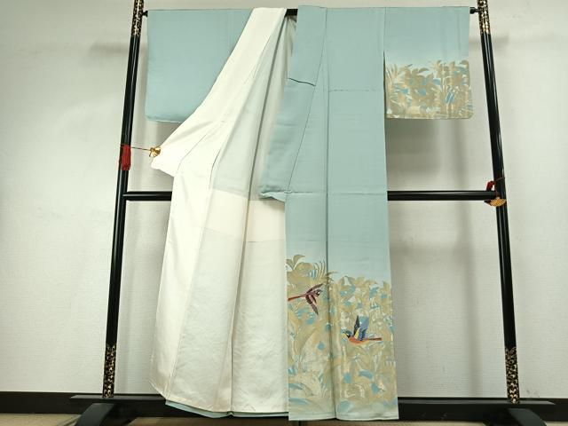 平和屋着物●国際的オートクチュール　デザイナー　君島一郎　KIMIJIMA　色留訪問着　飛鳥草葉文　金糸　正絹　逸品　AABI9059fy