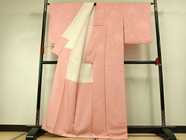 平和屋着物●上質な色無地　草花地紋　珊瑚色　正絹　逸品　AABI9077fy