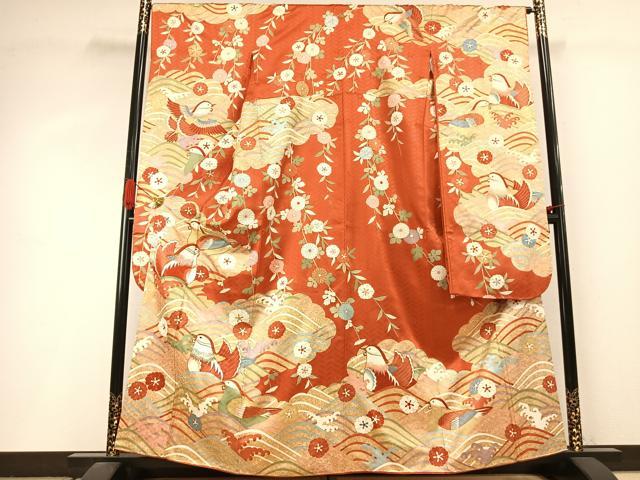 平和屋着物●十日町老舗ブランド　吉澤友禅　吾妻徳穂　振袖　駒刺繍　鴛鴦花文　金彩　正絹　逸品　AABI9082fy