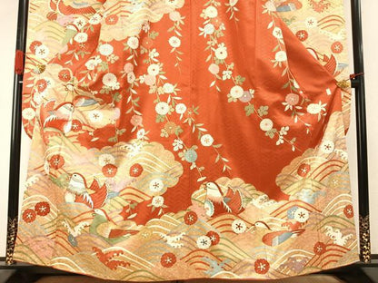 平和屋着物●十日町老舗ブランド　吉澤友禅　吾妻徳穂　振袖　駒刺繍　鴛鴦花文　金彩　正絹　逸品　AABI9082fy