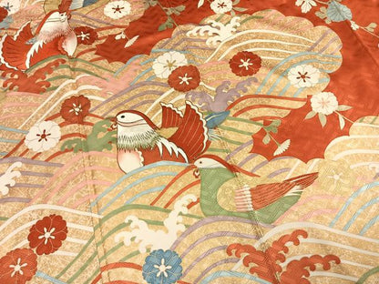 平和屋着物●十日町老舗ブランド　吉澤友禅　吾妻徳穂　振袖　駒刺繍　鴛鴦花文　金彩　正絹　逸品　AABI9082fy
