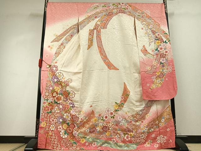 平和屋着物●豪華振袖　駒刺繍　御所車花文　暈し染め　金彩　京都きもの友禅扱い　正絹　逸品　AABI9092fy