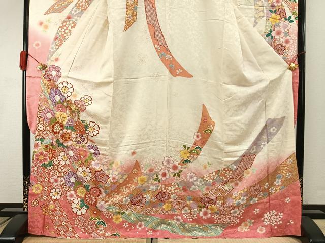 平和屋着物●豪華振袖　駒刺繍　御所車花文　暈し染め　金彩　京都きもの友禅扱い　正絹　逸品　AABI9092fy