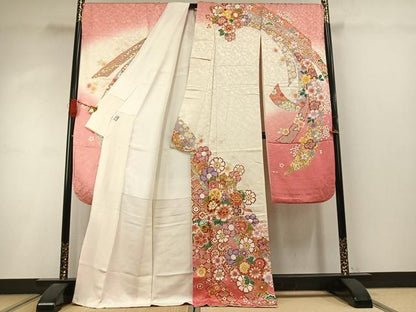 平和屋着物●豪華振袖　駒刺繍　御所車花文　暈し染め　金彩　京都きもの友禅扱い　正絹　逸品　AABI9092fy