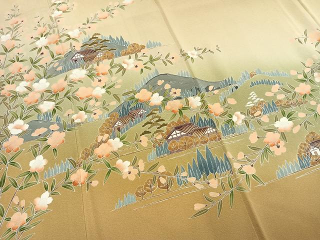 平和屋着物●訪問着　友禅　風景花文　暈し染め　金彩　ロング丈　正絹　逸品　AABI9093fy