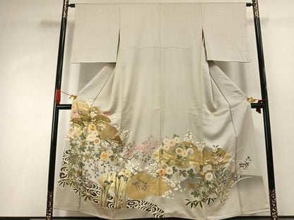 平和屋着物●豪華色留袖　駒刺繍　草花文　金彩　正絹　逸品　AABI9104fy
