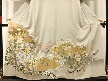 平和屋着物●豪華色留袖　駒刺繍　草花文　金彩　正絹　逸品　AABI9104fy