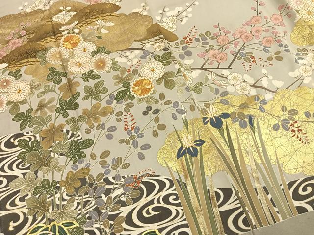 平和屋着物●豪華色留袖　駒刺繍　草花文　金彩　正絹　逸品　AABI9104fy
