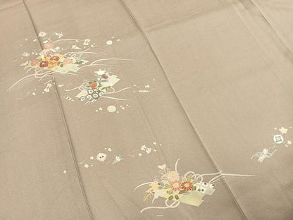 平和屋着物●訪問着　駒刺繍　草花文　金彩　丹後ちりめん　反端付き　正絹　逸品　AABI9126fy