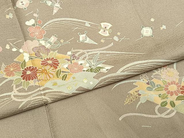 平和屋着物●訪問着　駒刺繍　草花文　金彩　丹後ちりめん　反端付き　正絹　逸品　AABI9126fy