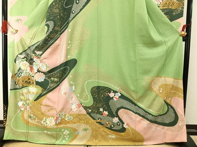 平和屋着物●豪華振袖　駒刺繍　絞り　草花文　金彩　正絹　逸品　AABI9127fy