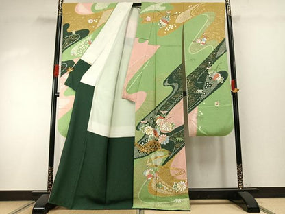 平和屋着物●豪華振袖　駒刺繍　絞り　草花文　金彩　正絹　逸品　AABI9127fy
