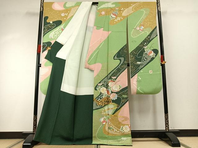 平和屋着物●豪華振袖　駒刺繍　絞り　草花文　金彩　正絹　逸品　AABI9127fy