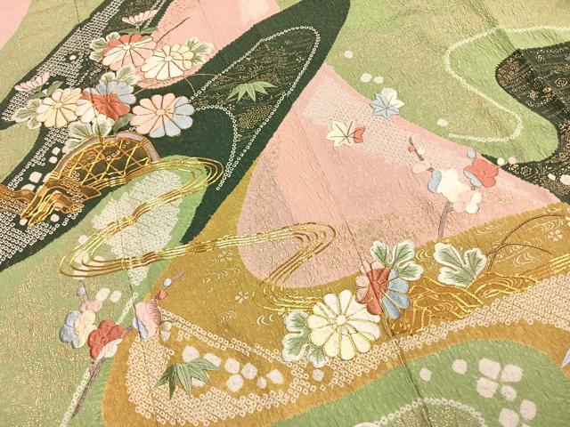 平和屋着物●豪華振袖　駒刺繍　絞り　草花文　金彩　正絹　逸品　AABI9127fy