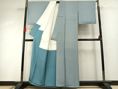 平和屋着物●江戸小紋　万筋　青色×白色　正絹　逸品　未使用　AABI9132fy