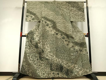 平和屋着物●訪問着　型染め　草花文　正絹　逸品　未使用　AABI9135fy