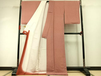 平和屋着物●寺山存男　江戸小紋　万筋　赤色×白色　鬼しぼ縮緬　反端付き　ロング丈　正絹　逸品　未使用　AABI9137fy