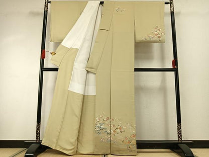 平和屋着物●訪問着　駒刺繍　草花文　金彩　正絹　逸品　AABI9139fy