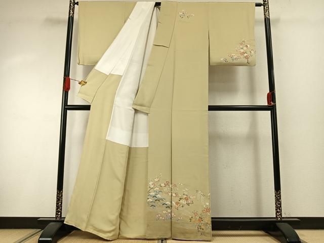 平和屋着物●訪問着　駒刺繍　草花文　金彩　正絹　逸品　AABI9139fy