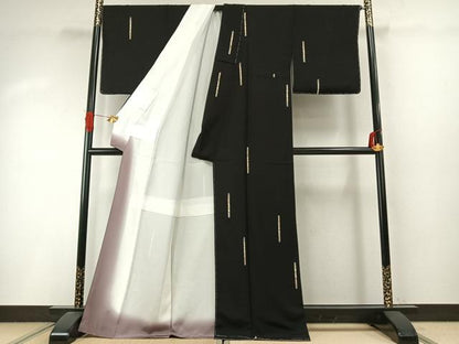 平和屋着物●上質な小紋　縦笛　黒地　金彩　正絹　逸品　未使用　AABI9142fy