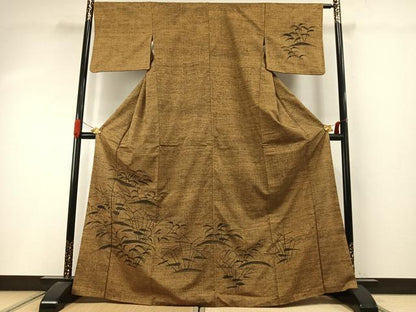 平和屋着物●訪問着　紬地　手描き　草花文　正絹　逸品　AABI9144fy