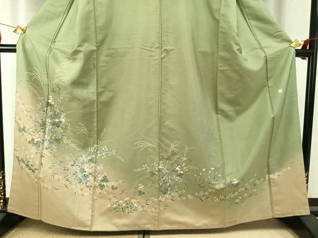 平和屋着物●訪問着　紬地　友禅　作家物　草花文　暈し染め　正絹　逸品　AABI9152fy