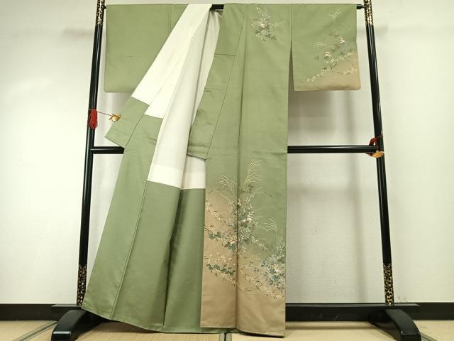 平和屋着物●訪問着　紬地　友禅　作家物　草花文　暈し染め　正絹　逸品　AABI9152fy