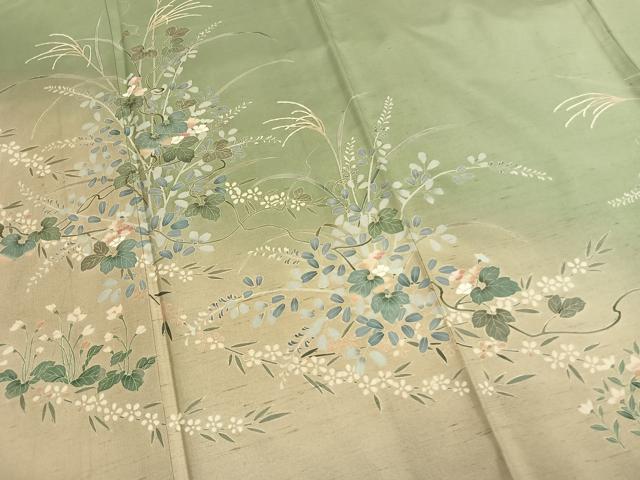 平和屋着物●訪問着　紬地　友禅　作家物　草花文　暈し染め　正絹　逸品　AABI9152fy