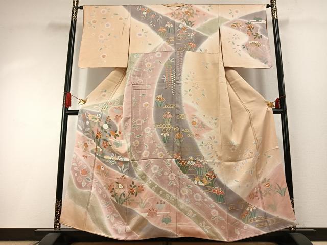 平和屋着物●訪問着　駒刺繍　地紙花鳥文　暈し染め　金彩　正絹　逸品　AABI9163fy
