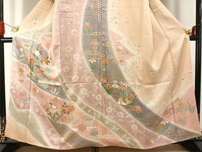 平和屋着物●訪問着　駒刺繍　地紙花鳥文　暈し染め　金彩　正絹　逸品　AABI9163fy