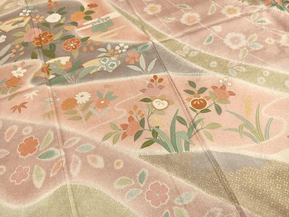 平和屋着物●訪問着　駒刺繍　地紙花鳥文　暈し染め　金彩　正絹　逸品　AABI9163fy