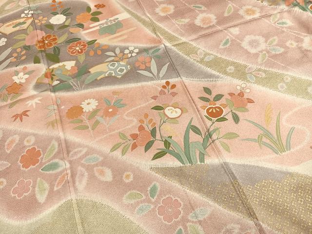 平和屋着物●訪問着　駒刺繍　地紙花鳥文　暈し染め　金彩　正絹　逸品　AABI9163fy