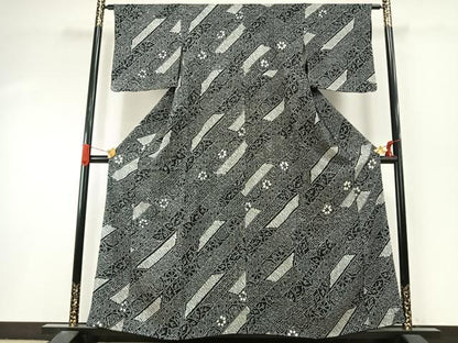 平和屋着物●上質な小紋　総絞り　斜縞　黒地　正絹　逸品　AABI9174fy