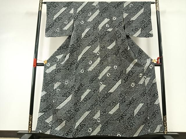 平和屋着物●上質な小紋　総絞り　斜縞　黒地　正絹　逸品　AABI9174fy