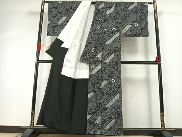 平和屋着物●上質な小紋　総絞り　斜縞　黒地　正絹　逸品　AABI9174fy