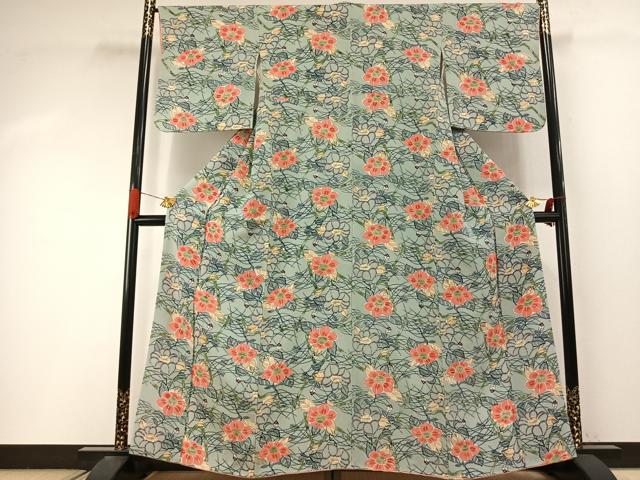 平和屋着物●上質な小紋　型染め　草花文　鬼しぼ縮緬　正絹　逸品　AABI9182fy