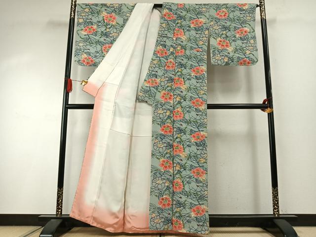 平和屋着物●上質な小紋　型染め　草花文　鬼しぼ縮緬　正絹　逸品　AABI9182fy