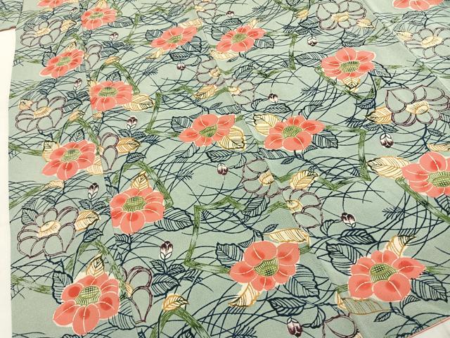 平和屋着物●上質な小紋　型染め　草花文　鬼しぼ縮緬　正絹　逸品　AABI9182fy