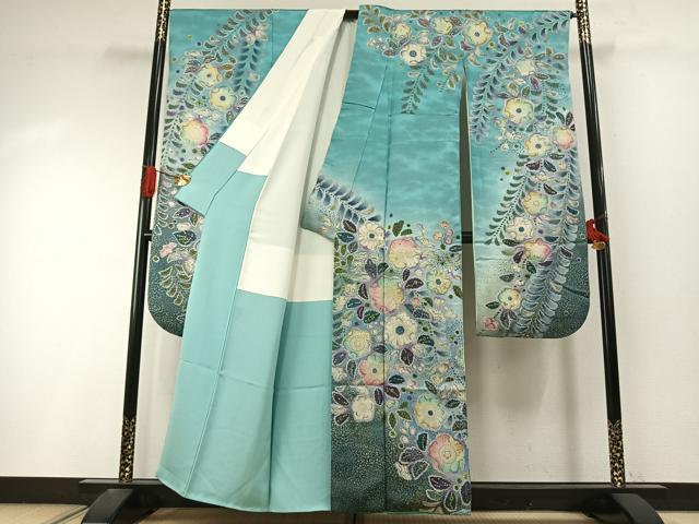 平和屋着物●豪華振袖　辻が花　暈し染め　金彩　銀通し地　正絹　逸品　AABI9189fy
