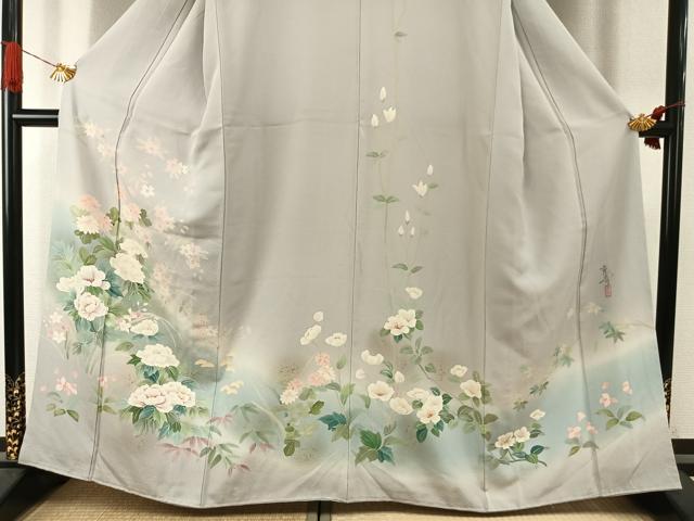 平和屋着物●訪問着　作家物　手描き　草花文　暈し染め　金銀彩　正絹　逸品　AABI9195fy