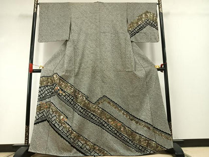 平和屋着物●訪問着　駒刺繍　絞り　草花文　黒地　金糸　金彩　正絹　逸品　未使用　AABI9198fy
